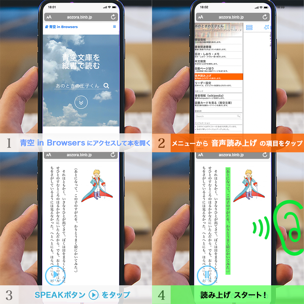 ステップ１　青空 in Browsersにアクセスして本を開く
ステップ２　メニューから 音声読み上げ の項目をタップ
ステップ３　SPEAKボタン  ▶  をタップ
ステップ４　読み上げ スタート！