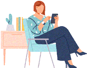 椅子に腰掛けて、スマホで鑑賞をしている人物画像